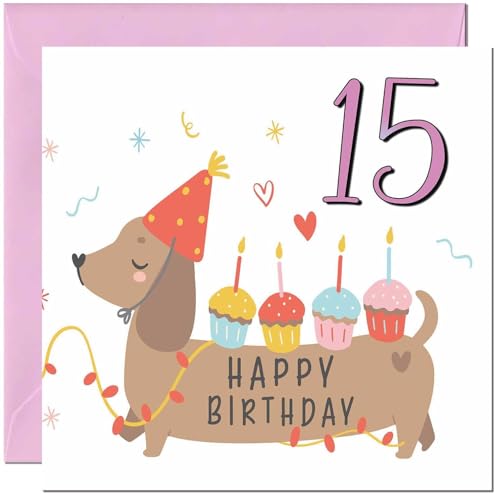 Cute Dachshund 15th Birthday Card for Girls - Eco-Friendly