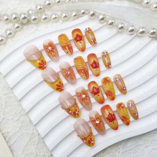 Fall Press on Nails Medium Almond French Tip 3D Flower Fake Nails