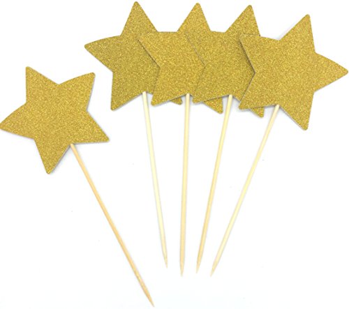 Gold Glitter Star Cake Toppers - Double Sided, Pack of 12