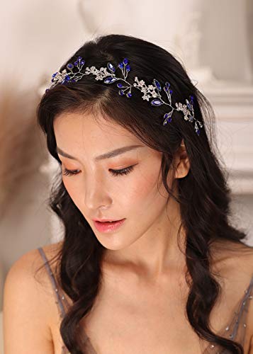 Kercisbeauty Blue Crystal Wedding Headband Silver Hair Piece for Women