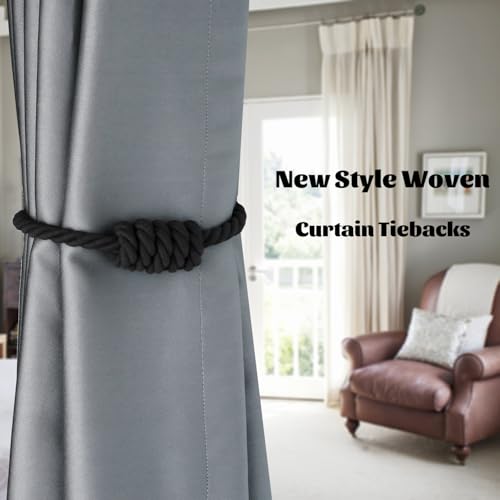BEL AVENIR Magnetic Hand-Woven Curtain Tiebacks - 2 Pack, Black Cotton