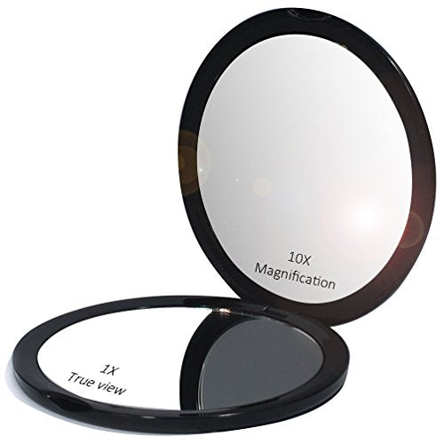 Black Makeup Pocket Mirror with 10x Magnification & Regular Mirror