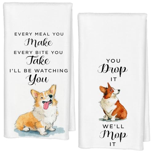 Funny Corgi Kitchen Towels - Set of 2 Decorative Hand Towels 16x24