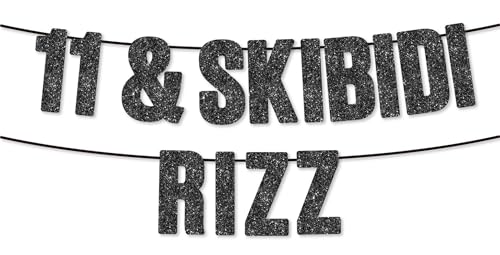 Skibidi Rizz 11th Birthday Black Glitter Banner Gen Z Party Supplies