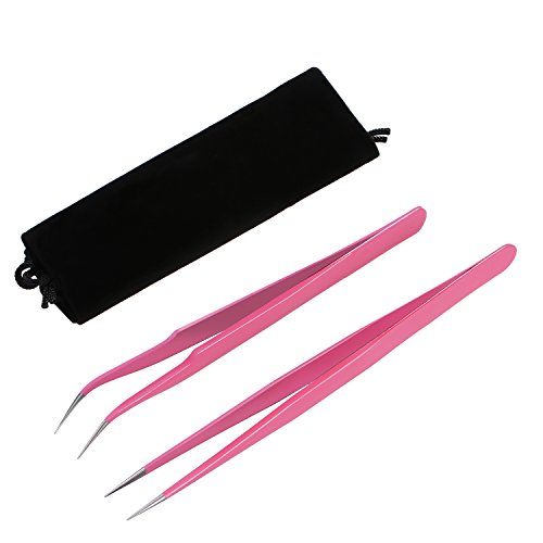 Hotop Eyelash Extension Tweezers Set - Straight and Curved Stainless Steel False Lash Application Tools with Storage Bag, Pink