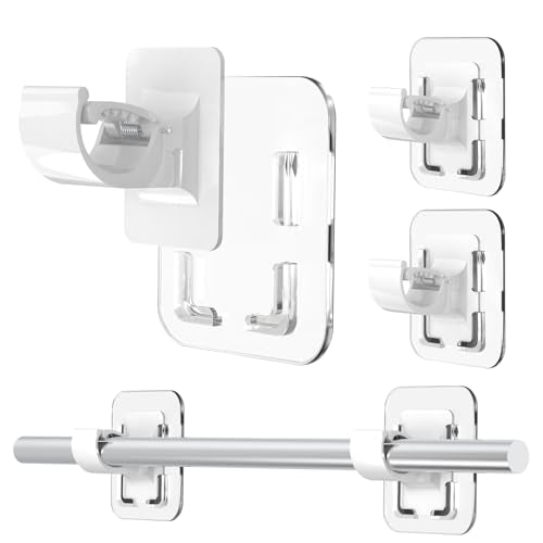 Detachable No Drill Curtain Rod Brackets - Adhesive 20LB Support, White (2 Pack)