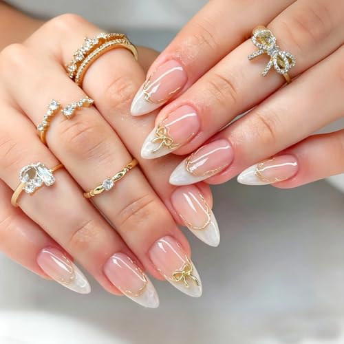 French Tip Press on Nails Medium Almond 3D Bow Fake Nails Kit