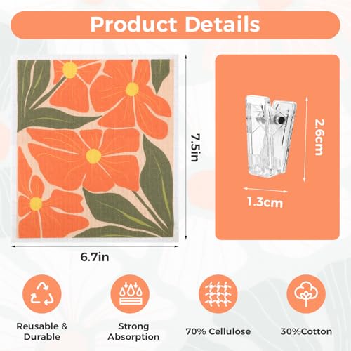 Pink Abstract Floral Swedish Dishcloths Set with Clips - 6 Reusable Kitchen Towels
