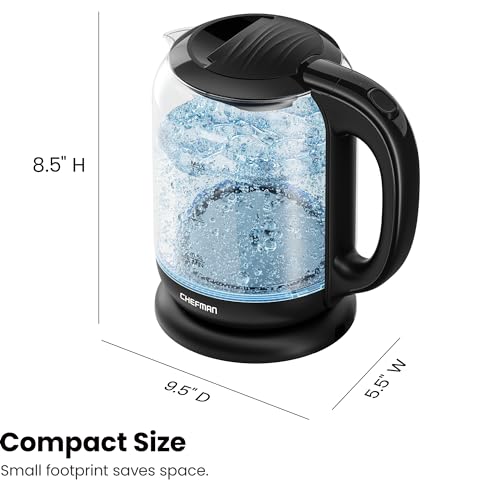 Chefman 1.7 Liter Electric Glass Tea Kettle, Fast Hot Water Boiler, One Touch Operation, Boils 7 Cups, Swivel Base & Cordless Pouring, Auto Shut-Off