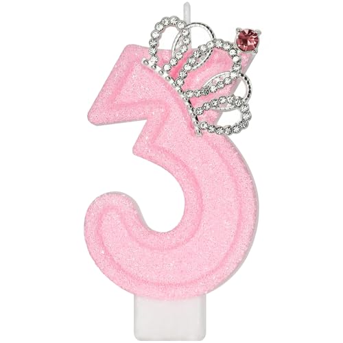 LASILE Pink Crown Number 3 Birthday Candle for Girl's 3rd Birthday, Princess Cake Topper, Party Supplies