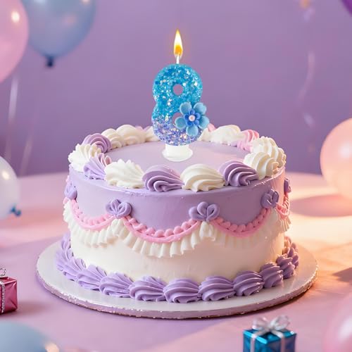 Number 8 Blue Purple Flower Birthday Candle - Party Decoration