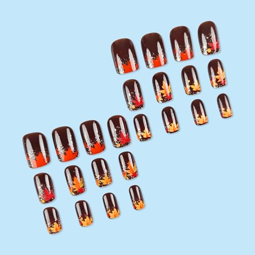 Maple Leaf Short Square Press on Nails Thanksgiving Acrylic False Nails 24Pcs