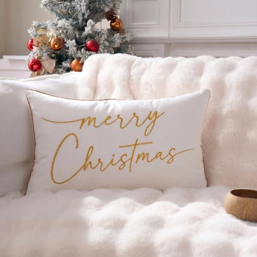 ONWAY Merry Christmas Embroidered Pillow Cover 12x20 White Gold Holiday Decor