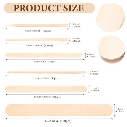 EWVVSS 500 Pcs Wooden Wax Applicator Sticks Assorted Sizes for Hair Removal