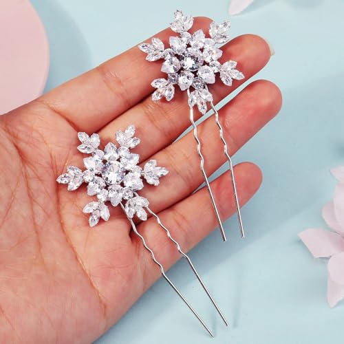 SICOPEE 2 Pack Crystal Snowflake Hair Pins Silver Bridal Accessories