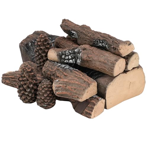 Skyflame 9-Piece Ceramic Wood Logs Set with Pine for Gas Fireplace - Realistic Fire Feature