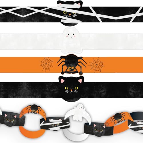 Halloween Paper Garland - 100 Precut Chains with Spooky Prints