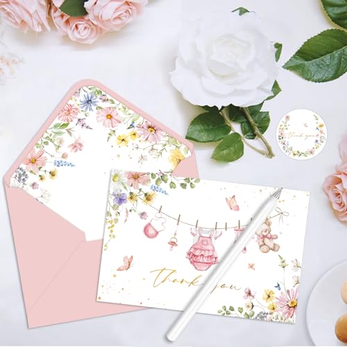 24 Pack Baby Shower Thank You Cards - Floral Clothes Design, 4x6 Inches