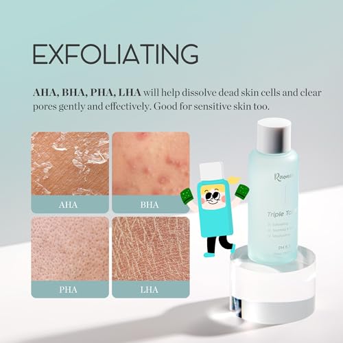 RaoNEE K-Beauty Triple Toner pH 5.5 - Exfoliating & Hydrating Facial Toner with AHA, BHA, PHA & Cica, Fragrance-Free, 5.07 fl. oz
