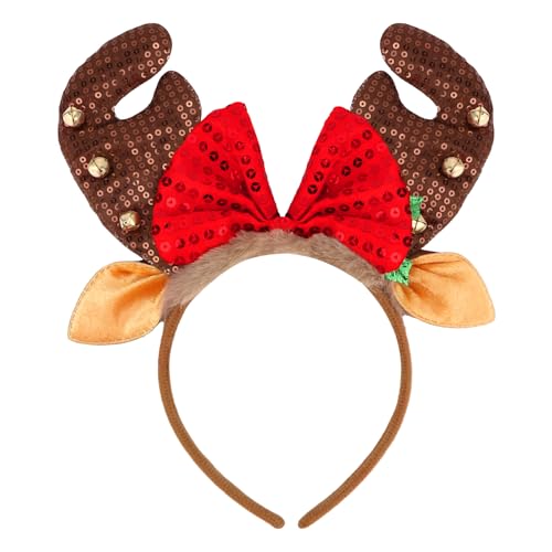 WHAVEL Reindeer Antlers Christmas Headband with Sequin Bow and Bells
