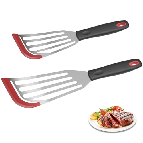 Ecerangus Red Silicone Fish Spatula Set - Stainless Steel Turner for Nonstick Cookware