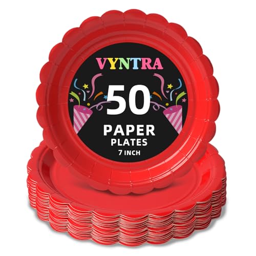 Vyntra 7-Inch Scalloped Paper Dessert Plates, Red, 50-Pack