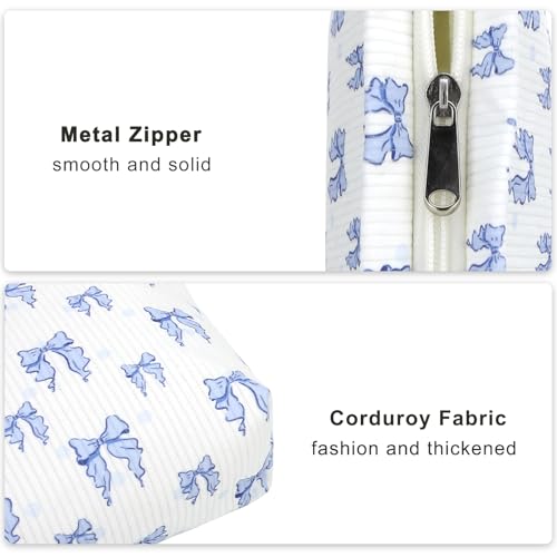 JINSI Corduroy Bow Makeup Bag - Large Travel Cosmetic Pouch & Organizer