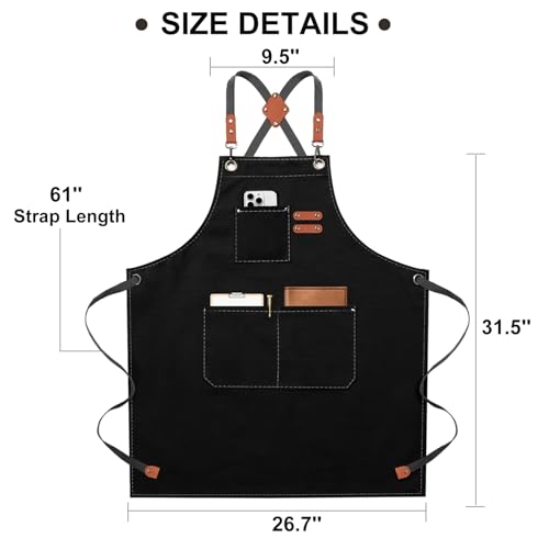 ZOMAO Black Chef Apron for Men & Women - Waterproof Cotton Canvas with Large Pockets