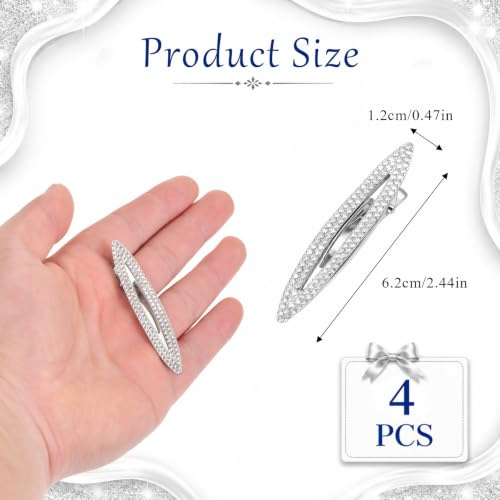 Rhinestone Hair Clips Set 4 Pcs 2.4 Inch Silver Metal Snap Barrettes