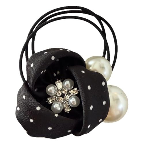 SICOPEE Polka Dot Flower Hair Tie with Pearls and Crystal Center