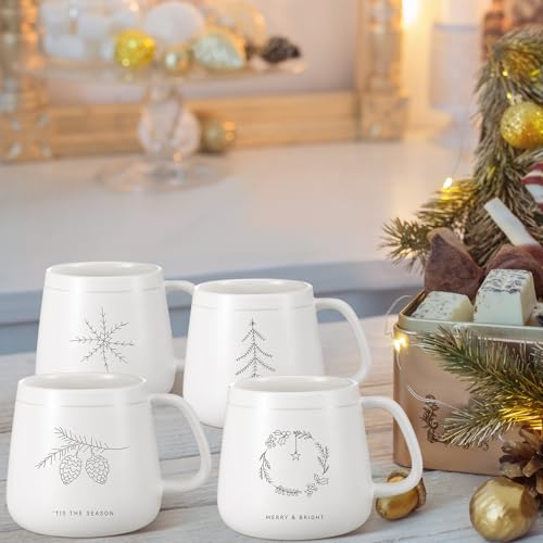 Set of 4 Christmas Ceramic Mugs with Snowflake Tree Winter Holiday Designs