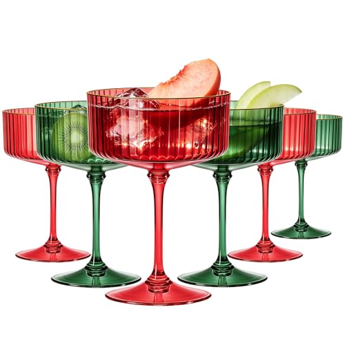6Pcs Plastic Martini Glasses Red Green Mix 10oz Disposable Coupe Glasses