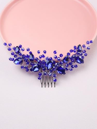 Brihasory Blue Crystal Wedding Hair Comb Rhinestone Bridal Hair Piece