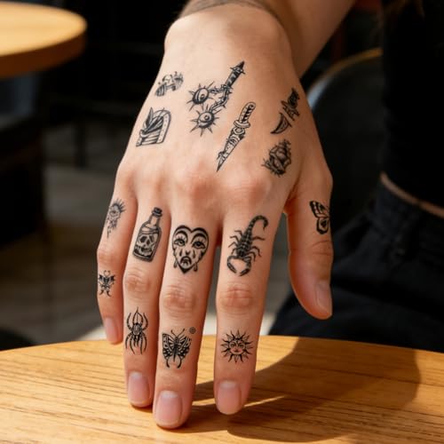 FUNTATTOO 6 Sheets Black Old School Temporary Tattoos Vintage Retro Fake Body Art