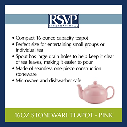 RSVP International Stoneware Teapot Collection, Microwave and Dishwasher Safe, 16 oz, Pink