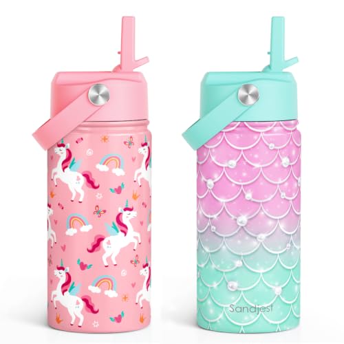 Kids Water Bottle 12oz Stainless Steel with Straw Lid - Mermaid & Unicorn Variation
