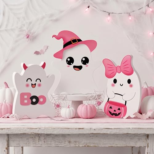 Cute Pink Wooden Ghost Halloween Table Decor - 3 PCs Set