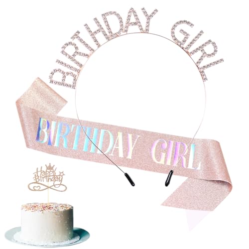 Birthday Girl Sash and Rhinestone Headband Set with Cake Topper Rose Gold