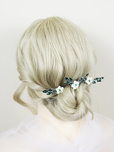 Brihasory Green White Flower Bridal Hair Pins 3PCS Rhinestone Hair Clips