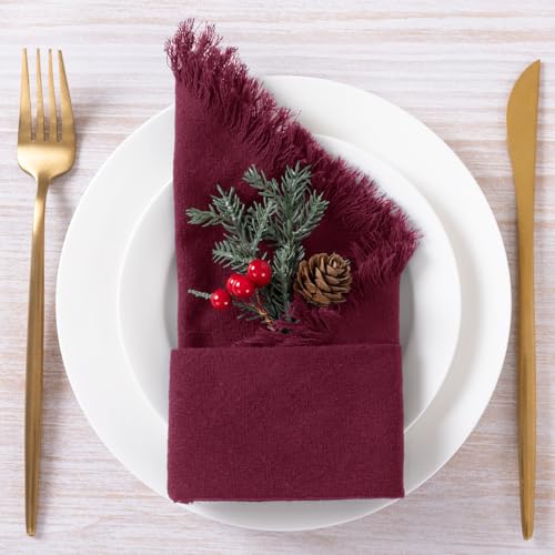 Burgundy Cotton Linen Reusable Christmas Cloth Napkins Set of 12 - 17x17 Inches