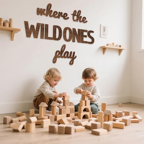 Where the Wild Ones Play Wooden Wall Decor Sign - 23 Inch, Brown