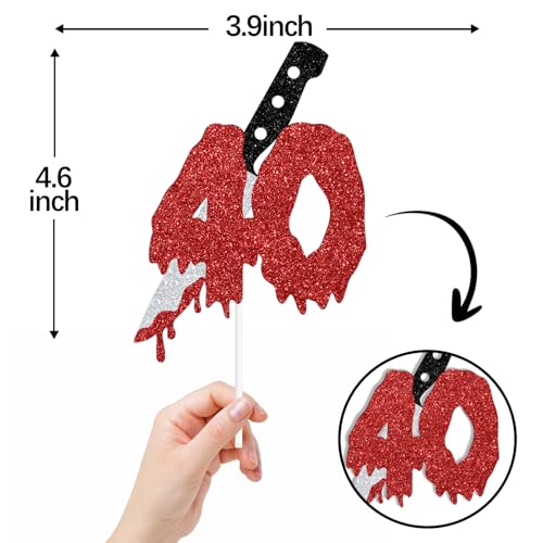 Red Glitter 40 Cake Topper with Blood Knife | Horror Party Decor