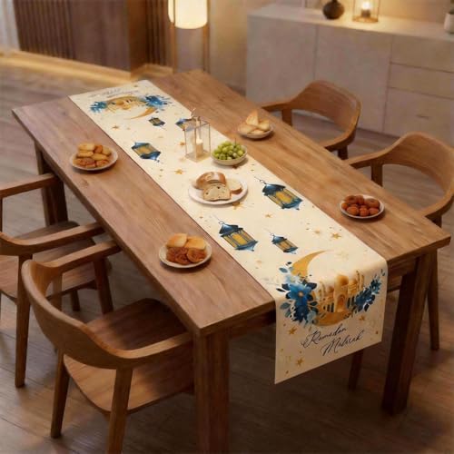 Ramadan Table Runner 13x72 Inch Beige Linen Eid Mubarak Decor