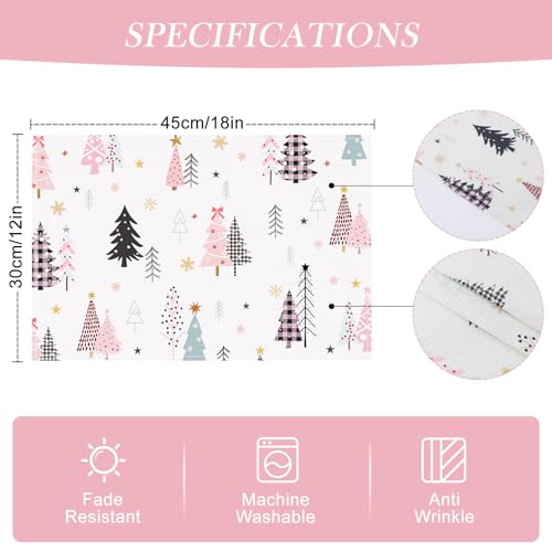 Pink Christmas Tree Placemats Set of 4 - 12x18 Inches Holiday Table Decor