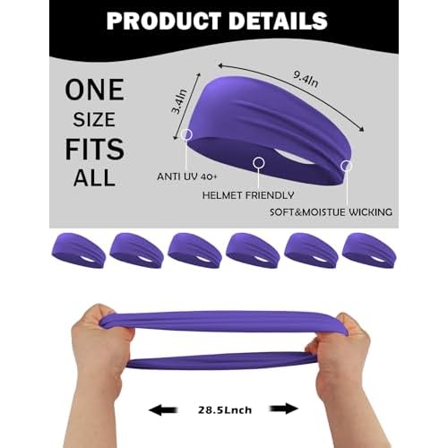 6 Pack Sport Headbands for Men & Women, Sweat Wicking Workout Sweatband, Bright Hairband for Running, Cycling, Football, Yoga