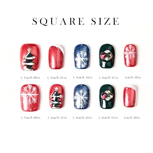 Christmas Press on Nails Short Square Red False Nails with Snowflakes