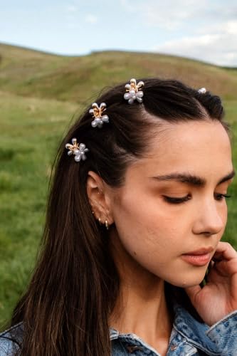 BluOcnMkt 10pcs Small Pearl Flower Hair Claw Clips, Metal Mini Hair Accessories