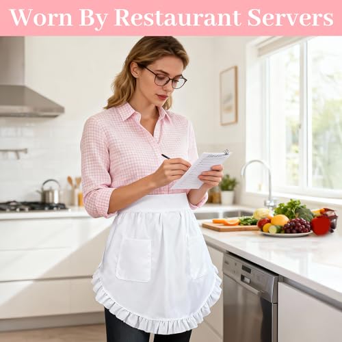 White Waist Apron for Women with Pockets - Vintage Frilly Design