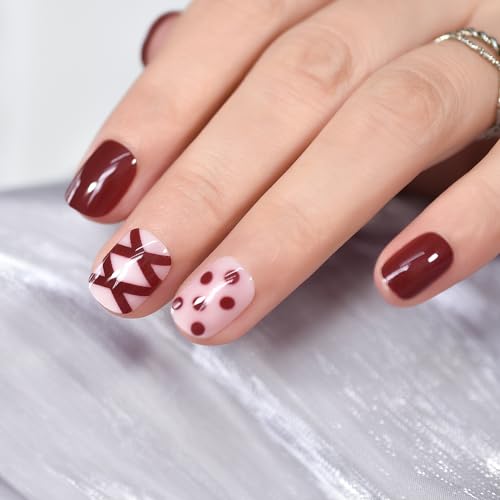 iMABC Christmas Glossy Red Short Squoval Press On Nails with Bow Design