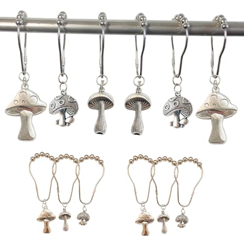 Mushroom Shower Curtain Hooks - 12Pcs Rustproof Silver Metal Rings